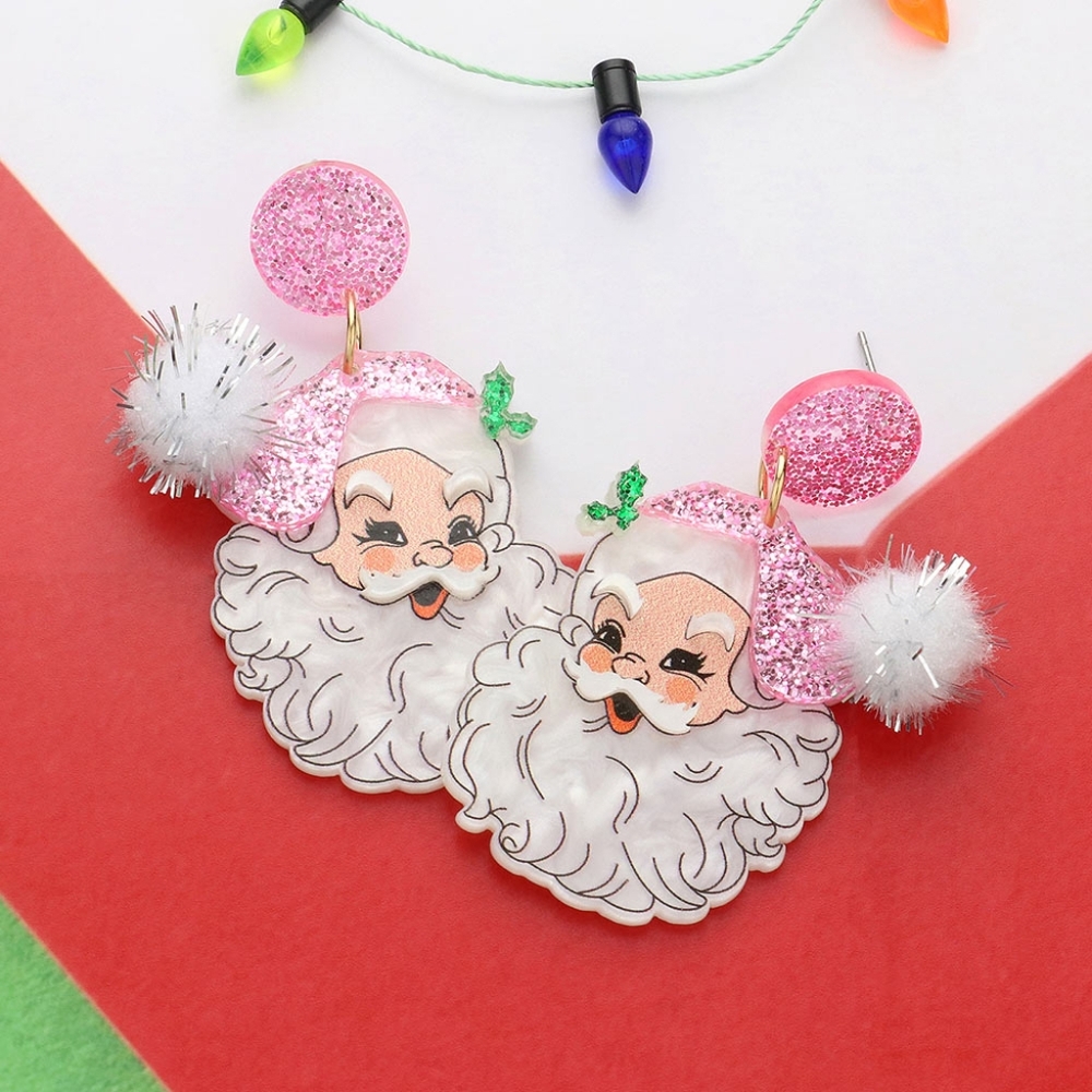 Pink Santa Christmas Dangle Earrings Fun Holiday Cute Jewelry Pom Glittered Hat